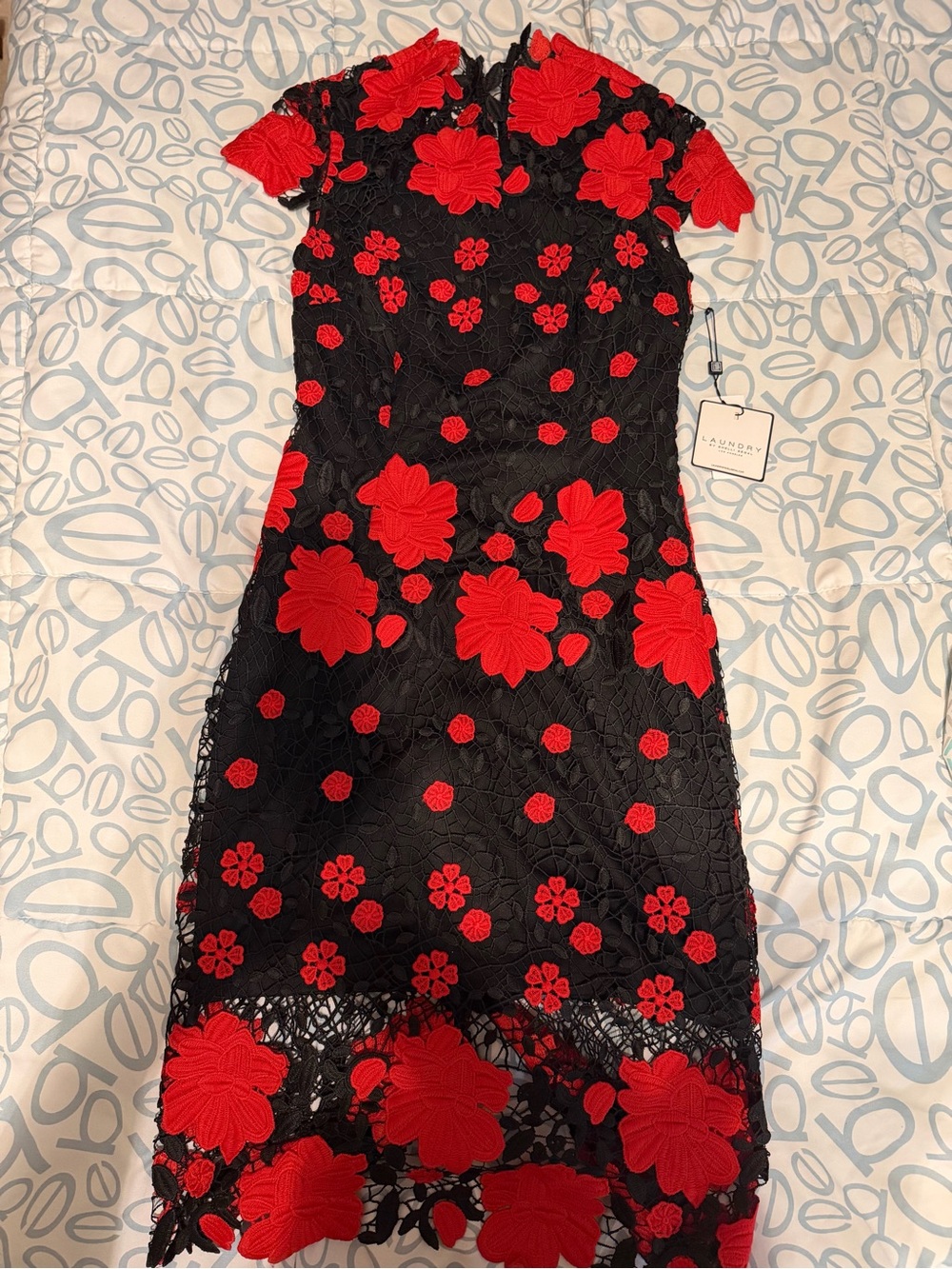 Laundry By Shelli Segal Black Lace Dress with Red Floral Appliqués